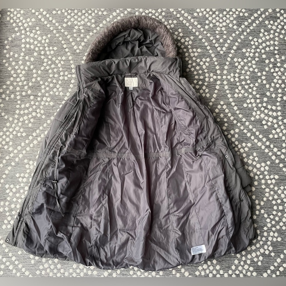 A New Day Parka Coat Jacket Fur Hood Small pewter gray grey quilted puffer zip - Picture 11 of 13